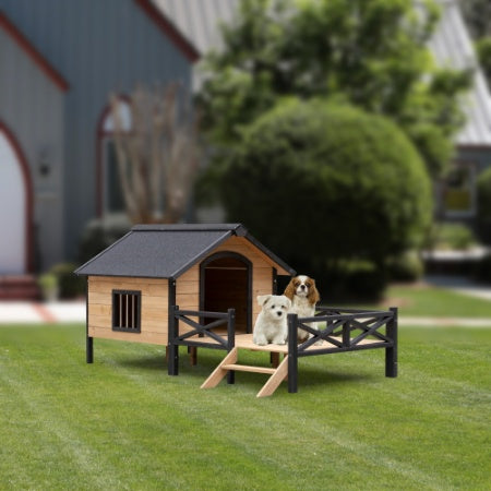 Fiery Haven Outdoor Wooden Dog Cabin with Porch – Large All-Weather Dog House for Medium to Large Dogs