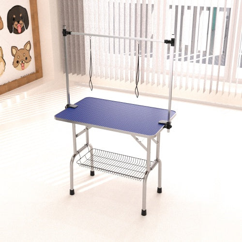 36" Folding Dog & Cat Grooming Table – Heavy Duty Stainless Steel with Adjustable Arm & Storage Basket, Blue