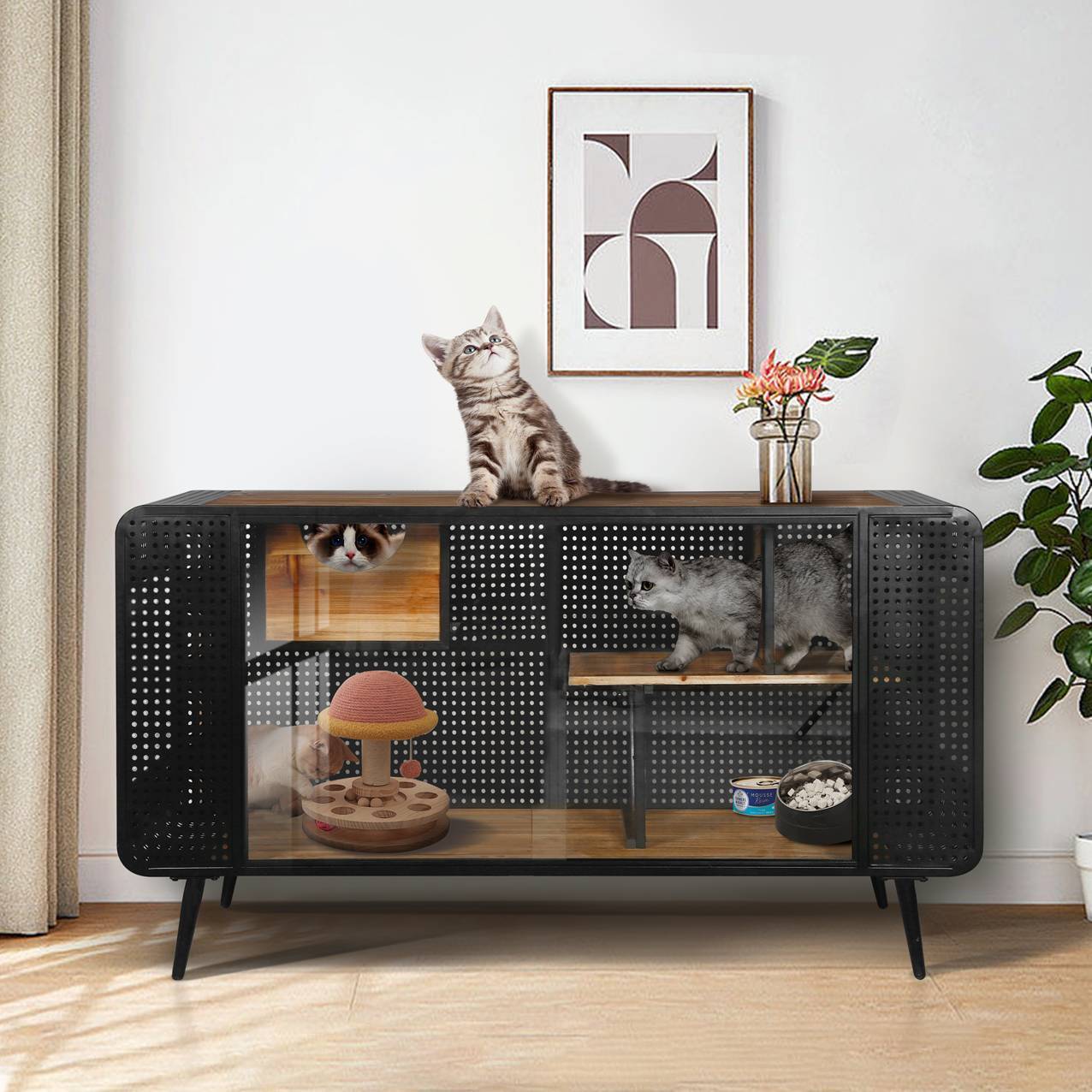 Spacious Cat House with Tempered Glass Doors – Modern Indoor Cat Enclosure, Black & Brown