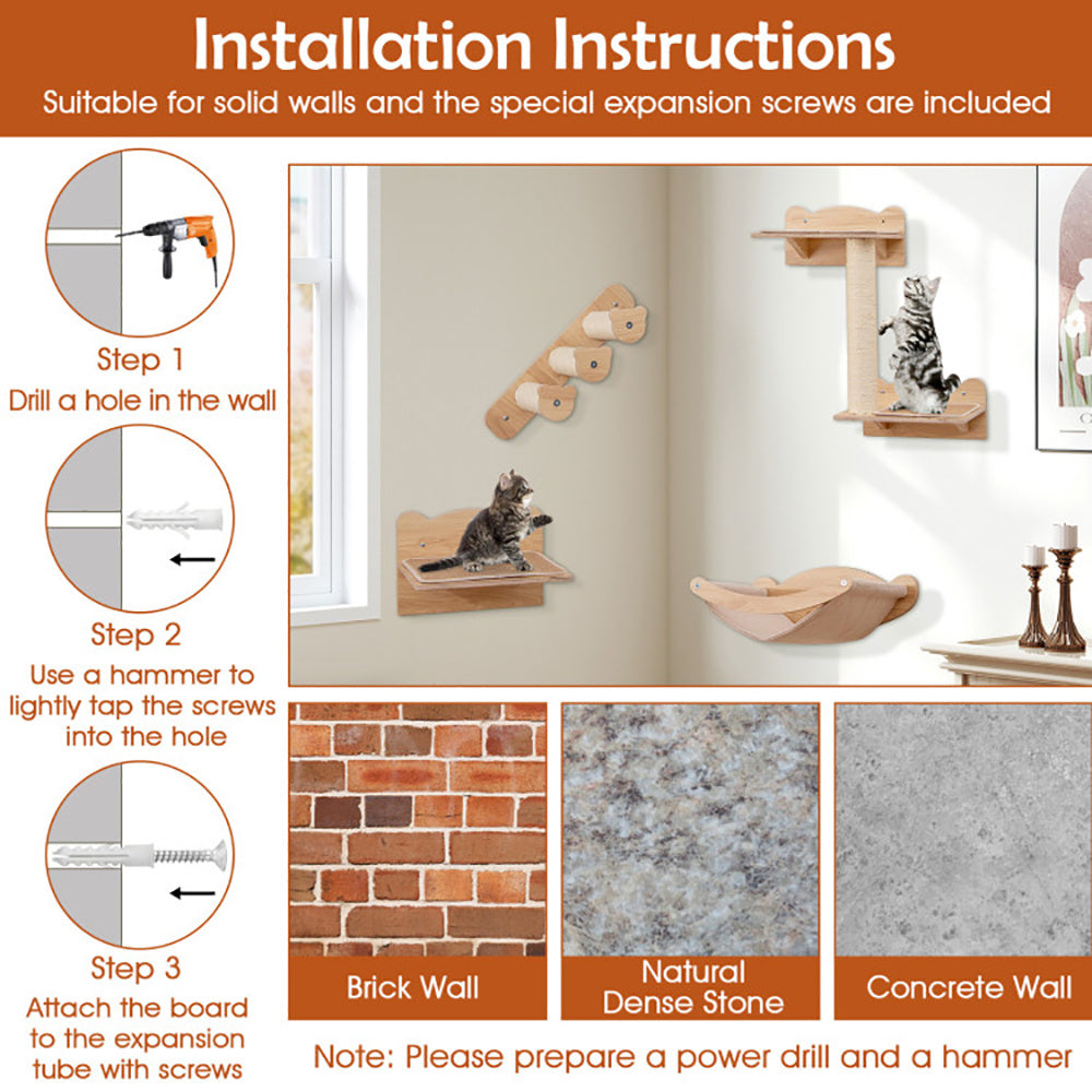 Fiery Climb Wall-Mounted Cat Furniture Set – 4-Piece Cat Hammock, Tree & Perch System