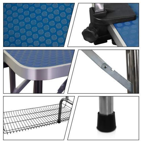 36" Folding Dog & Cat Grooming Table – Heavy Duty Stainless Steel with Adjustable Arm & Storage Basket, Blue