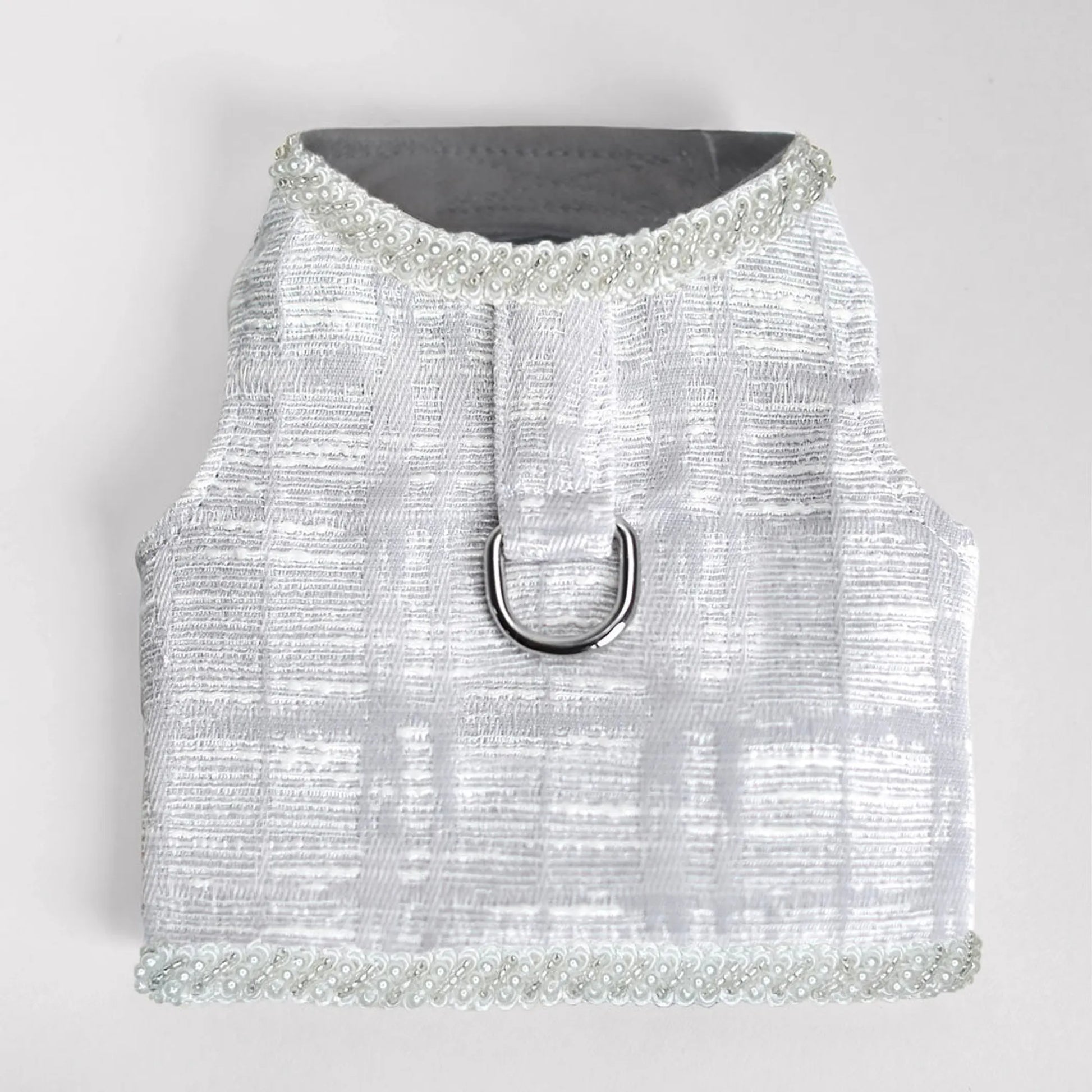 Delicate lace with pearl accents on Genevieve luxury dog harness – stylish small dog harness 2026