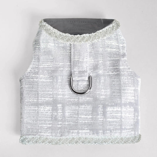 Delicate lace with pearl accents on Genevieve luxury dog harness – stylish small dog harness 2026