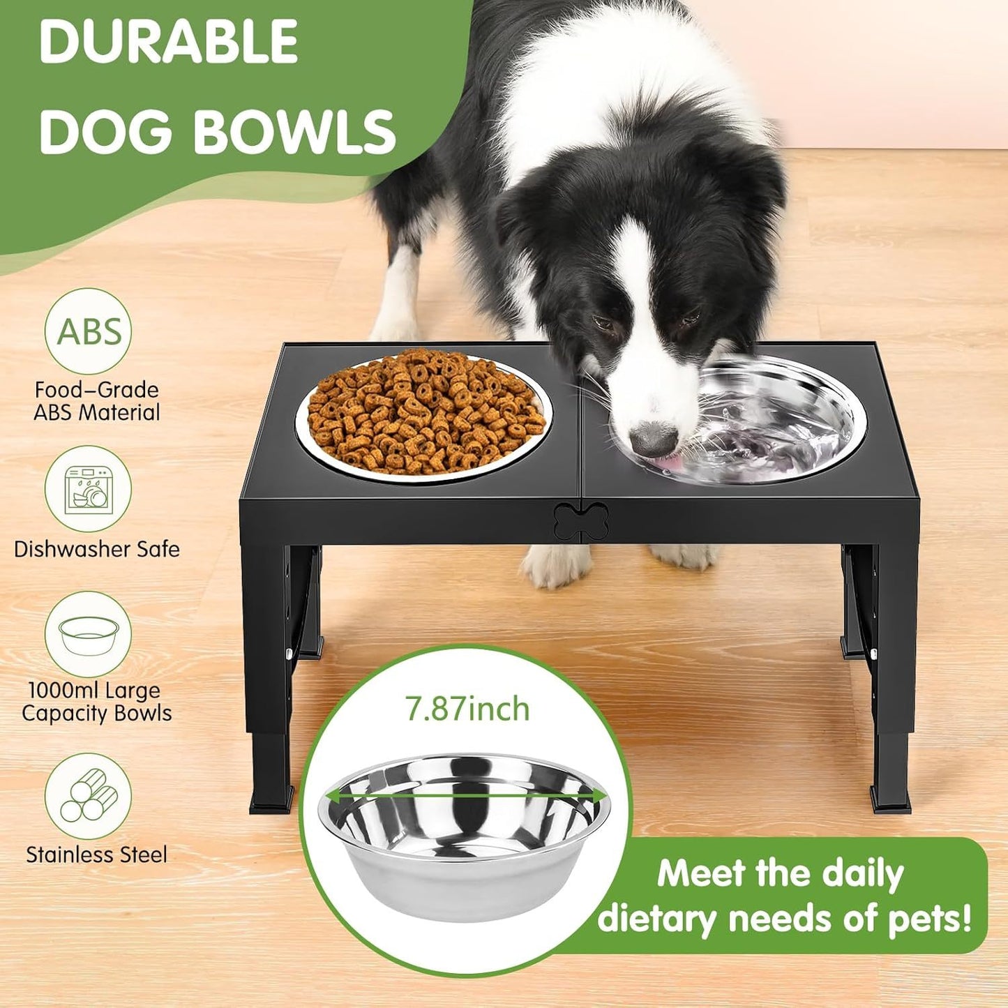XiaZ Black Dog Bowl Stand – Adjustable Elevated Pet Feeder with Stainless Steel Bowls