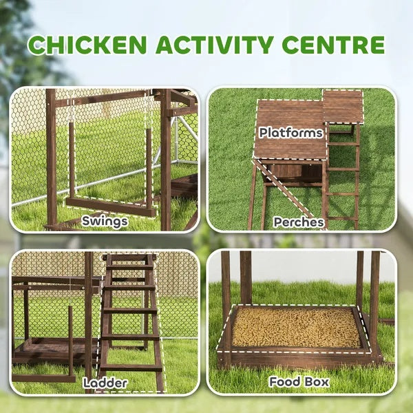 Wooden Chicken Activity Play Set with Perch, Swing, Ladder, Platforms & Feeder Storage – Coffee