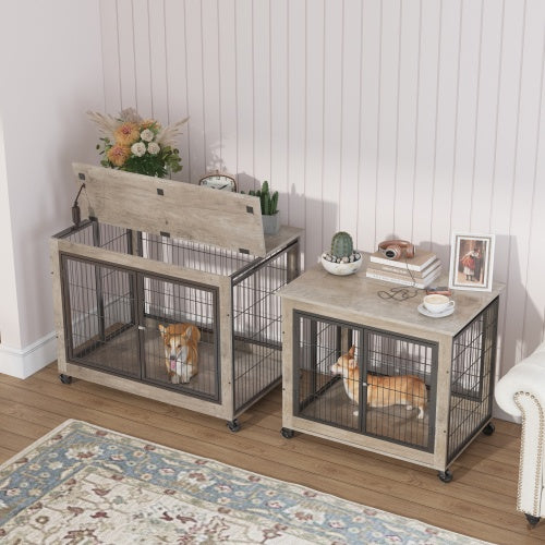 Furniture Style Dog Crate with Wheels & Double Doors – Grey Wooden Side Table Kennel