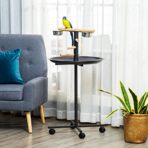 PawHut Portable Bird Play Stand – Parrot Perch & Feeding Station with Wheels and Stainless Steel Bowls (Grey)