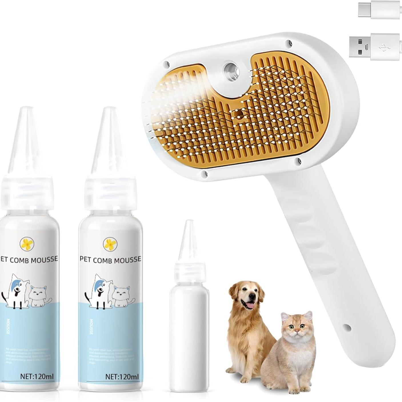 3-in-1 Steam Pet Brush – Spray, Comb & Clean for Cats and Dogs (with Waterless Shampoo & Ear Towels)