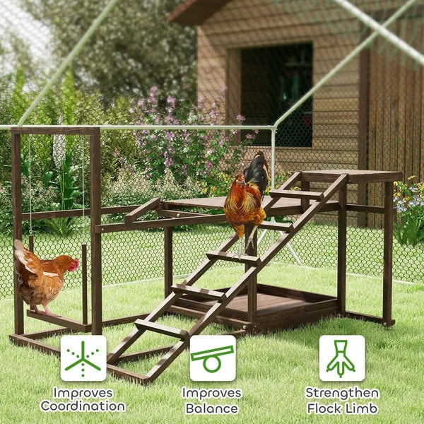 Wooden Chicken Activity Play Set with Perch, Swing, Ladder, Platforms & Feeder Storage – Coffee