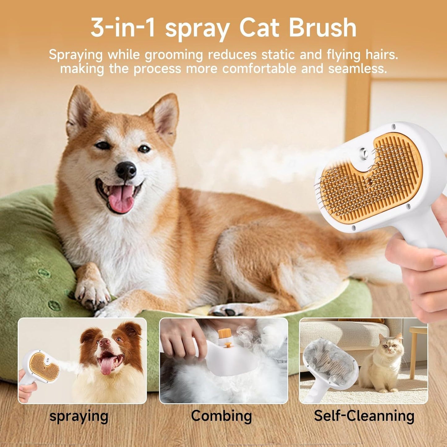 3-in-1 Steam Pet Brush – Spray, Comb & Clean for Cats and Dogs (with Waterless Shampoo & Ear Towels)