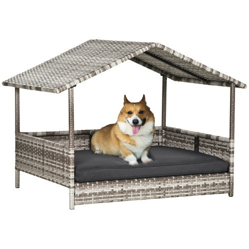 Outdoor Rattan Dog House with Canopy – Elevated Pet Bed with Waterproof Cushion, Cream