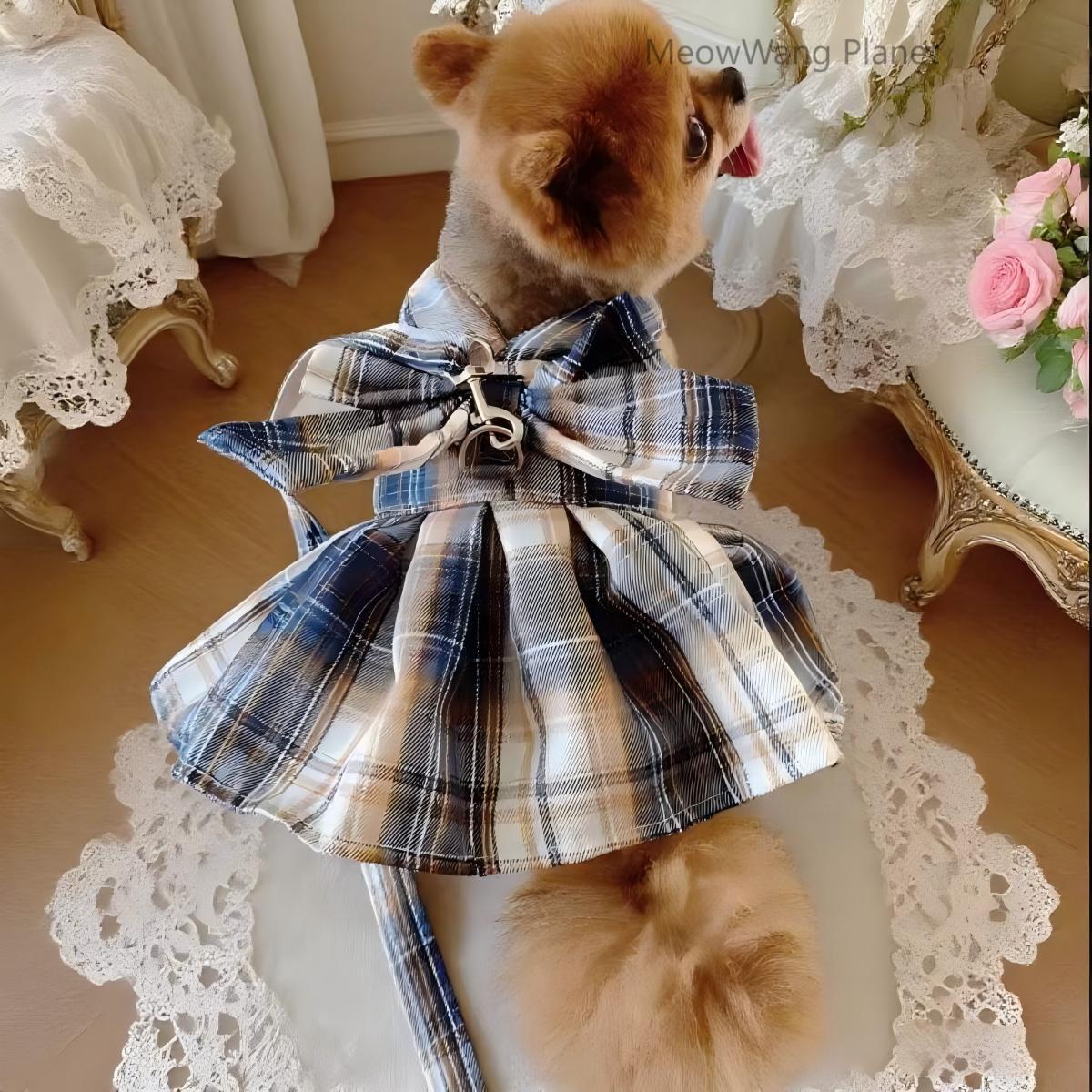 FieryFur Luxury JK Plaid Pet Harness Dress & Leash Set – Japanese School Uniform Style Vest for Cats & Small Dogs