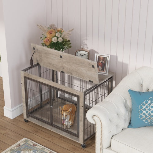 Furniture Style Dog Crate with Wheels & Double Doors – Grey Wooden Side Table Kennel