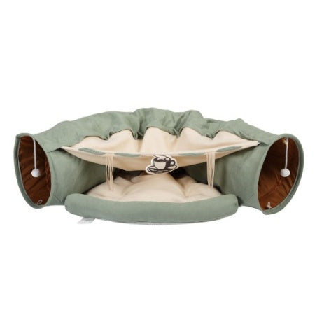 Fiery Paws Collapsible Cat Tunnel Bed – Cozy Hideaway with Cushion & Hanging Toys
