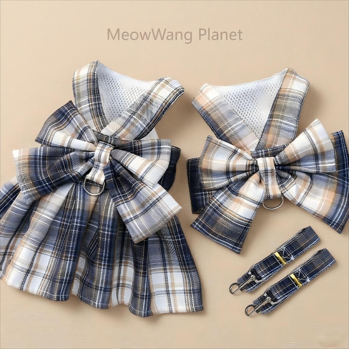 FieryFur Luxury JK Plaid Pet Harness Dress & Leash Set – Japanese School Uniform Style Vest for Cats & Small Dogs