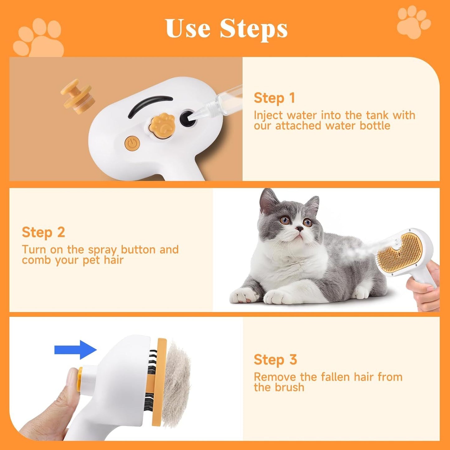 3-in-1 Steam Pet Brush – Spray, Comb & Clean for Cats and Dogs (with Waterless Shampoo & Ear Towels)