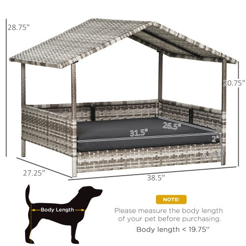 Outdoor Rattan Dog House with Canopy – Elevated Pet Bed with Waterproof Cushion, Cream