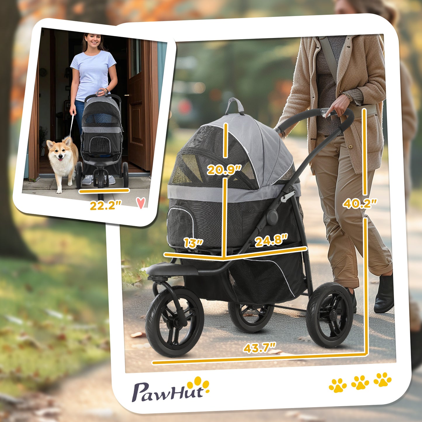 3-in-1 Pet Jogging Stroller – Detachable Carrier & Car Seat for Small Dogs & Cats (Gray)