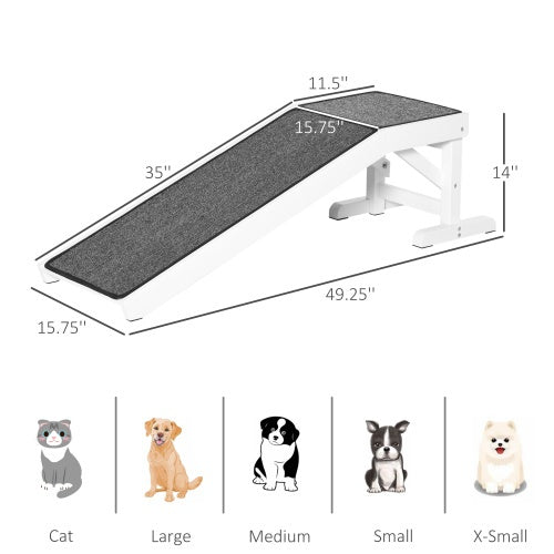 PawHut Wooden Dog Ramp with Non-Slip Carpet & Top Platform – 49" Pet Ramp for Beds & Sofas, White