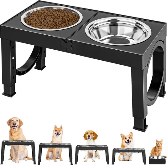 XiaZ Black Dog Bowl Stand – Adjustable Elevated Pet Feeder with Stainless Steel Bowls