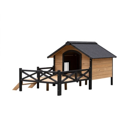 Fiery Haven Outdoor Wooden Dog Cabin with Porch – Large All-Weather Dog House for Medium to Large Dogs