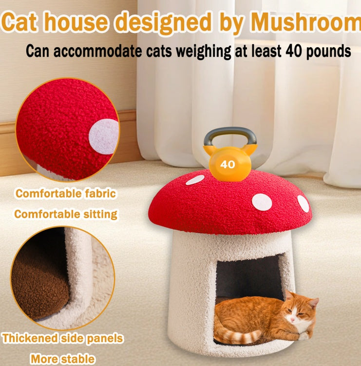 Whisker Haven Extra Large Mushroom Cat Bed – Red Umbrella Design, Scratch-Resistant & Washable (All Seasons)