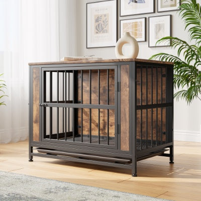 Fiery Haven Wooden Dog Crate Furniture with Sliding Doors – Rustic Brown