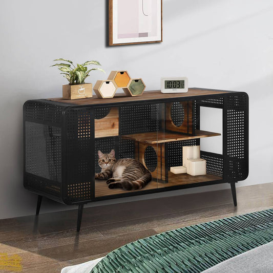 Spacious Cat House with Tempered Glass Doors – Modern Indoor Cat Enclosure, Black & Brown