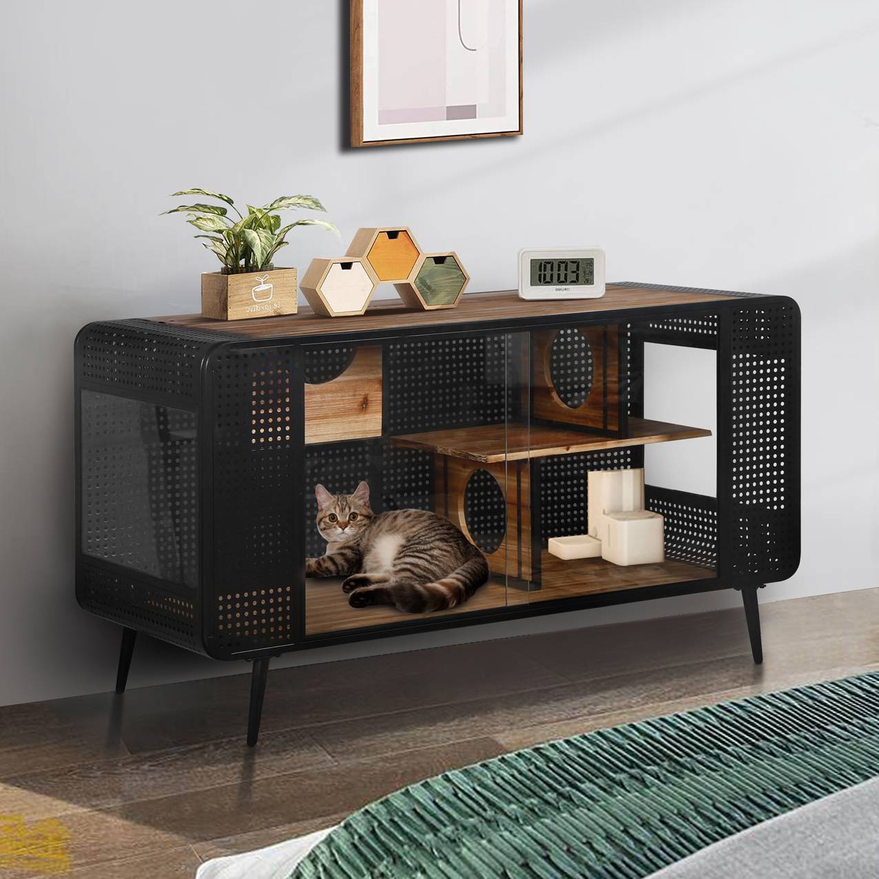 Spacious Cat House with Tempered Glass Doors – Modern Indoor Cat Enclosure, Black & Brown