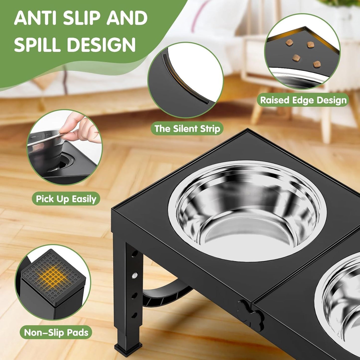 XiaZ Black Dog Bowl Stand – Adjustable Elevated Pet Feeder with Stainless Steel Bowls