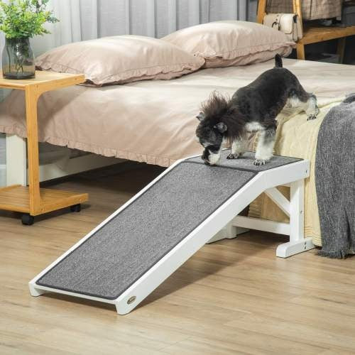 PawHut Wooden Dog Ramp with Non-Slip Carpet & Top Platform – 49" Pet Ramp for Beds & Sofas, White