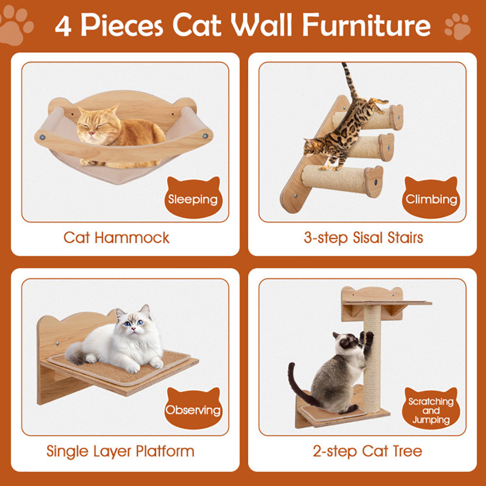 Fiery Climb Wall-Mounted Cat Furniture Set – 4-Piece Cat Hammock, Tree & Perch System