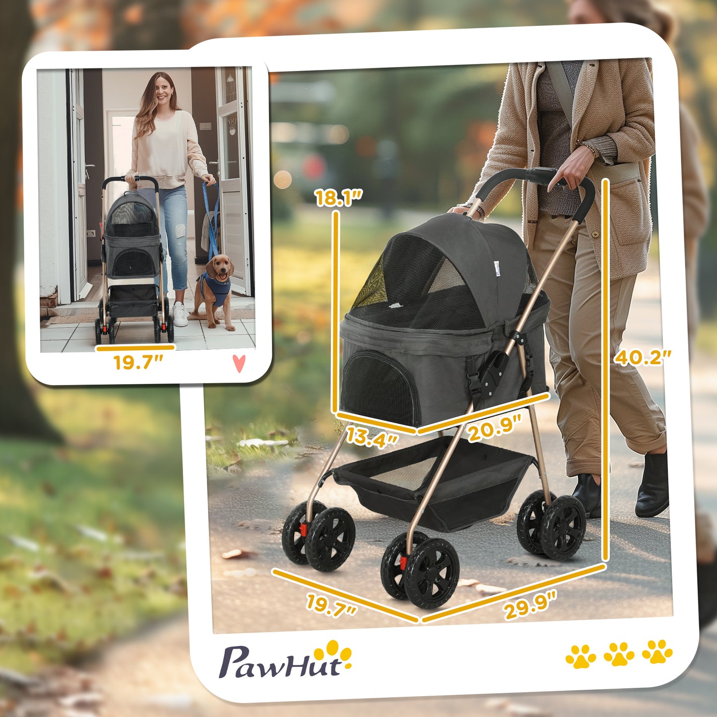 3-in-1 Foldable Pet Stroller with Detachable Carrier & Storage Basket – Gray
