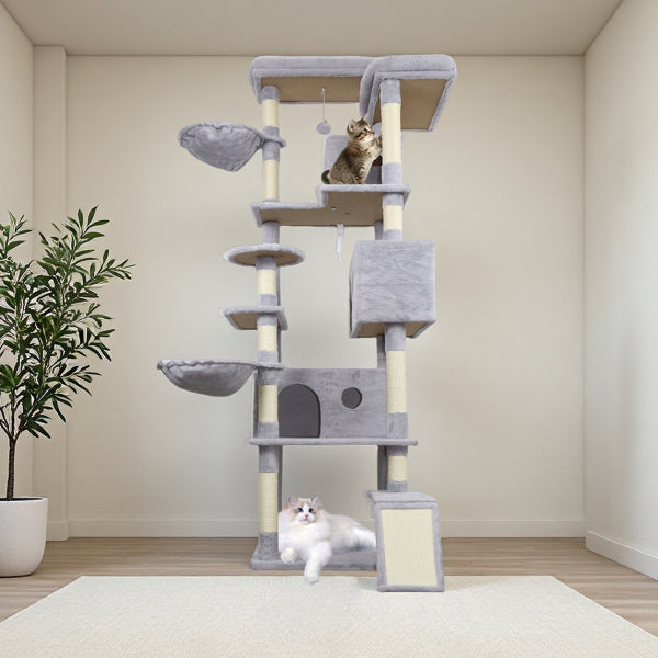 84.6 Inch Cat Tree Tower – Light Gray with Condos, Hammocks, and Sisal Posts