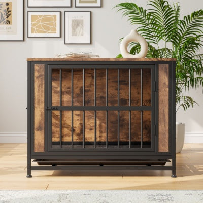 Fiery Haven Wooden Dog Crate Furniture with Sliding Doors – Rustic Brown