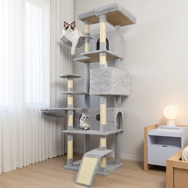 84.6 Inch Cat Tree Tower – Light Gray with Condos, Hammocks, and Sisal Posts