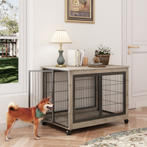 Furniture Style Dog Crate with Wheels & Double Doors – Grey Wooden Side Table Kennel