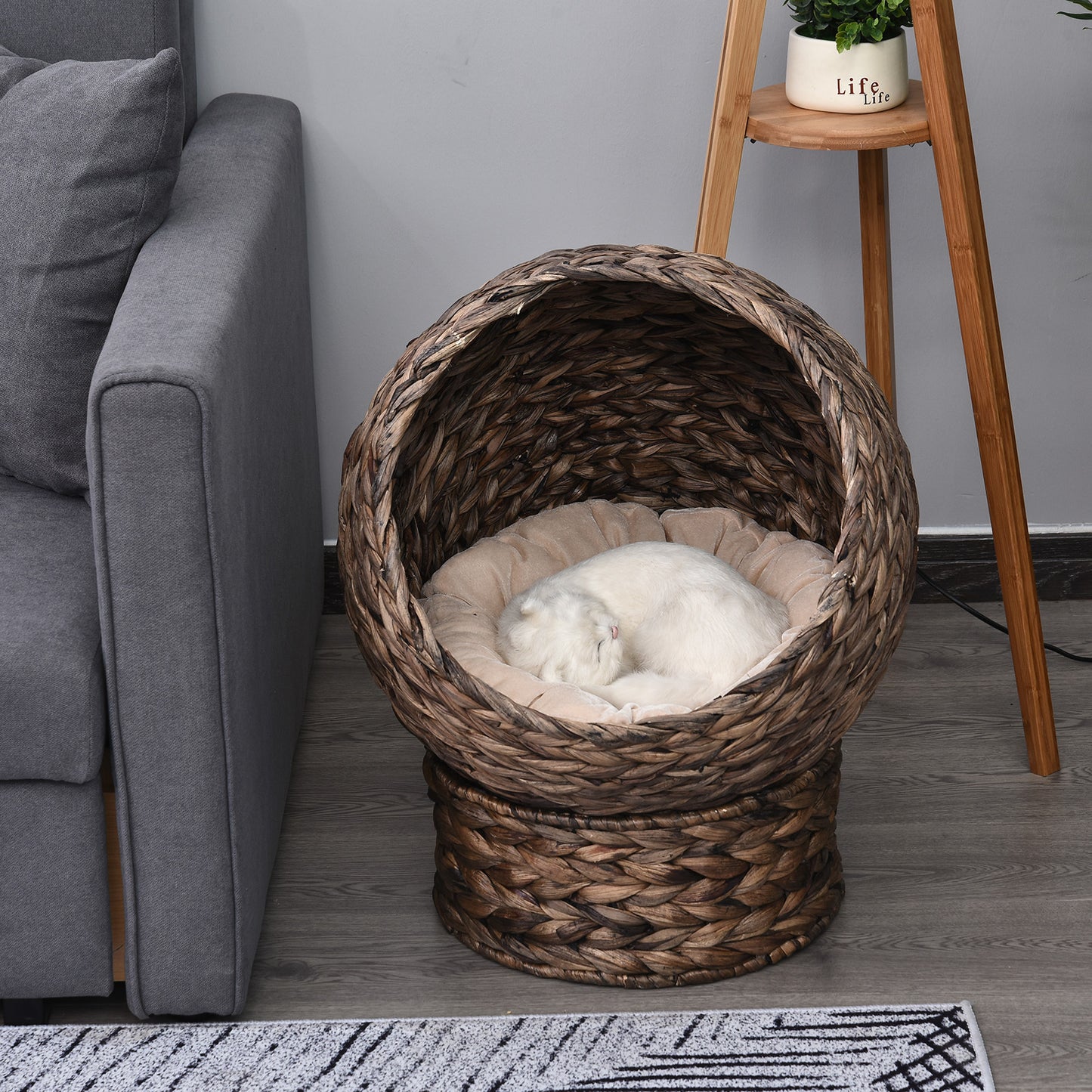 Handmade Wicker Elevated Cat Bed with Cushion — Dark Brown