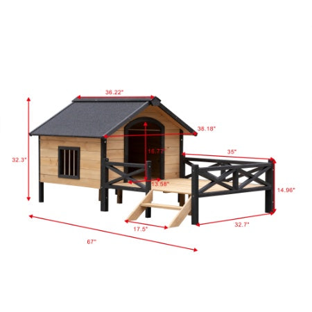 Fiery Haven Outdoor Wooden Dog Cabin with Porch – Large All-Weather Dog House for Medium to Large Dogs