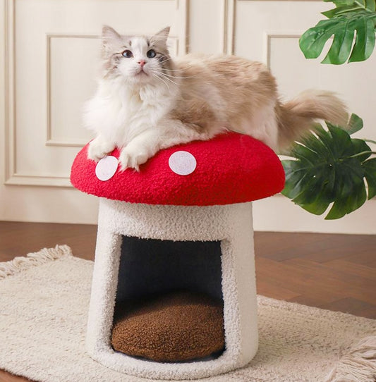 Whisker Haven Extra Large Mushroom Cat Bed – Red Umbrella Design, Scratch-Resistant & Washable (All Seasons)