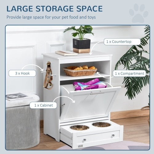 PawHut Pet Feeder Station and Locker – White Dog Food Storage Cabinet with Raised Bowls and Hooks