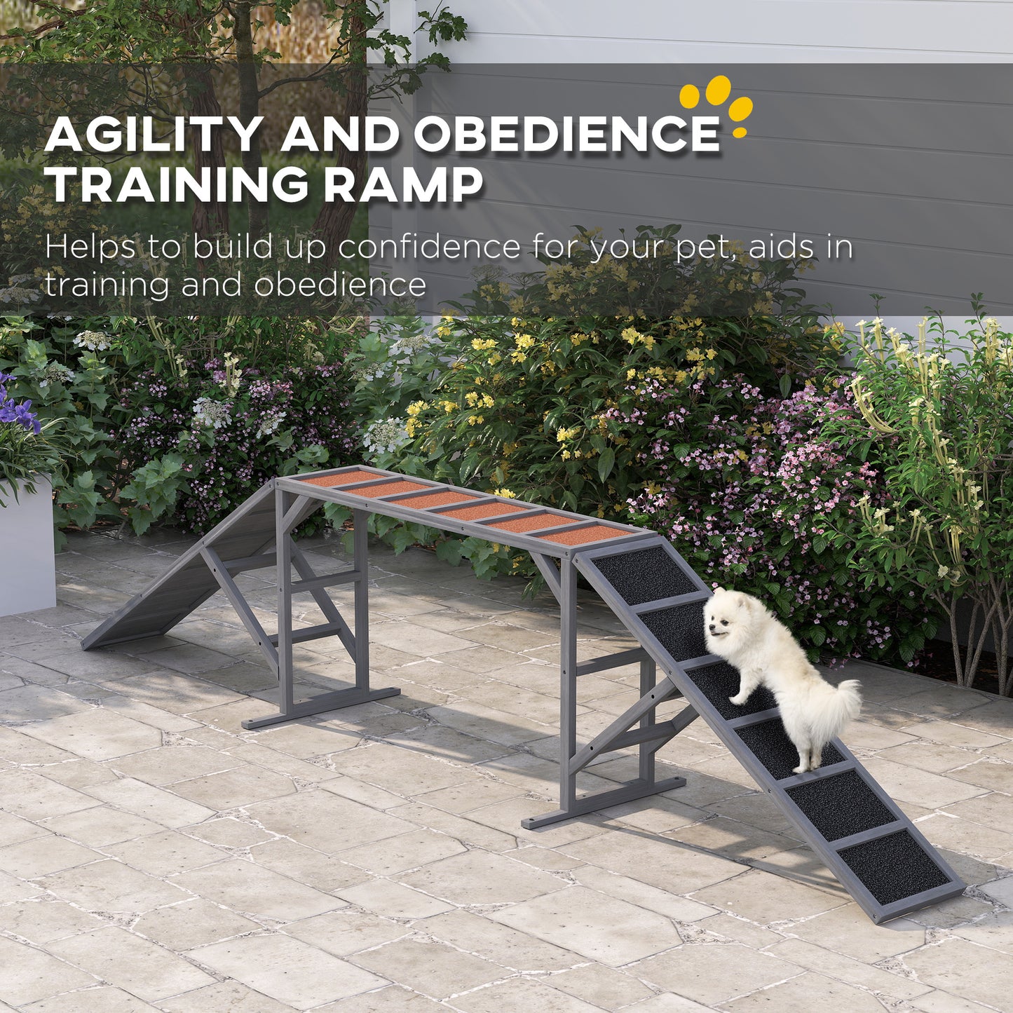 Dog Agility Equipment Ramp with Safety Bar & Non-Slip Surface – Gray