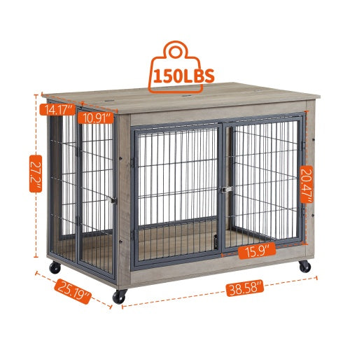 Furniture Style Dog Crate with Wheels & Double Doors – Grey Wooden Side Table Kennel