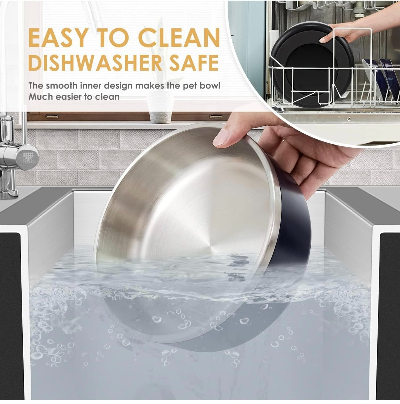 Stainless Steel Dog Bowl – 42oz Food & Water Bowl with Non-Slip Quiet Base, Dishwasher Safe