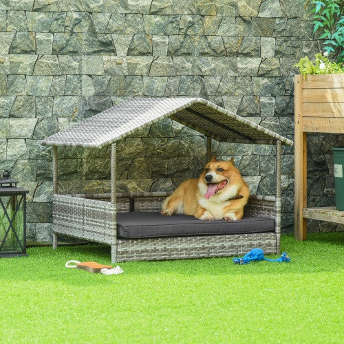 Outdoor Rattan Dog House with Canopy – Elevated Pet Bed with Waterproof Cushion, Cream