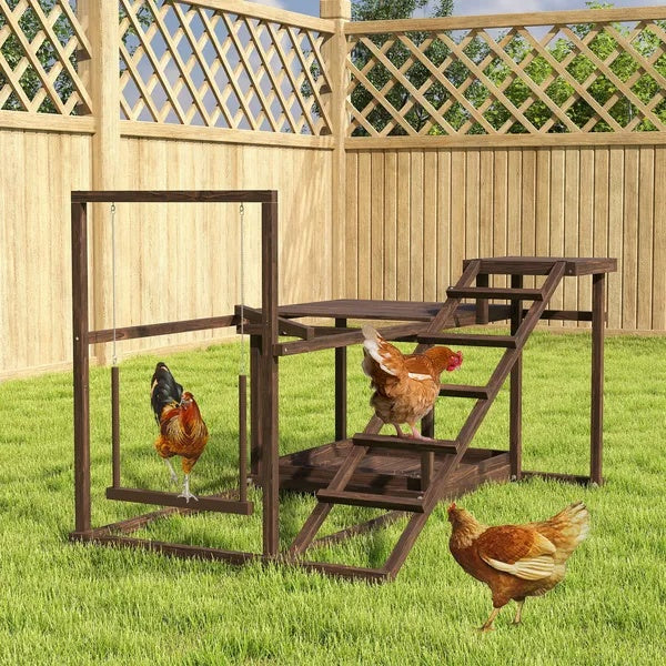Wooden Chicken Activity Play Set with Perch, Swing, Ladder, Platforms & Feeder Storage – Coffee
