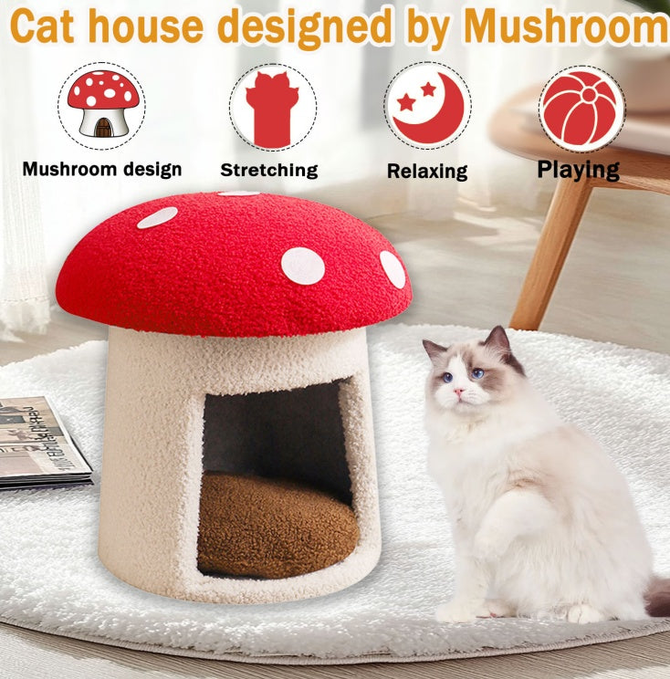 Whisker Haven Extra Large Mushroom Cat Bed – Red Umbrella Design, Scratch-Resistant & Washable (All Seasons)