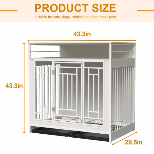 43.3" Large Dog Kennel Furniture with Divider & Storage Drawers – White