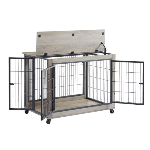 Furniture Style Dog Crate with Wheels & Double Doors – Grey Wooden Side Table Kennel