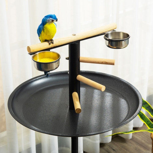 PawHut Portable Bird Play Stand – Parrot Perch & Feeding Station with Wheels and Stainless Steel Bowls (Grey)